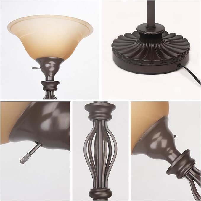 Torchiere Floor Lamps for Living Room, Standing Lamp with White Alabaster Glass Shade, Corner Floor Lamp Pole Lamp - Elegant Floor Lamp for Bedrooms with No Bulb (Brown)