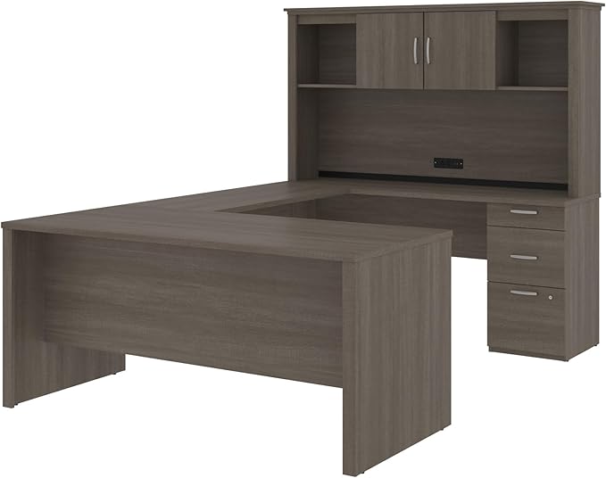 Bestar U or L Shaped Desk with Drawers and Hutch, Executive Workstation for Home or Professional Office, 66 Inches, Logan Collection, Bark Grey