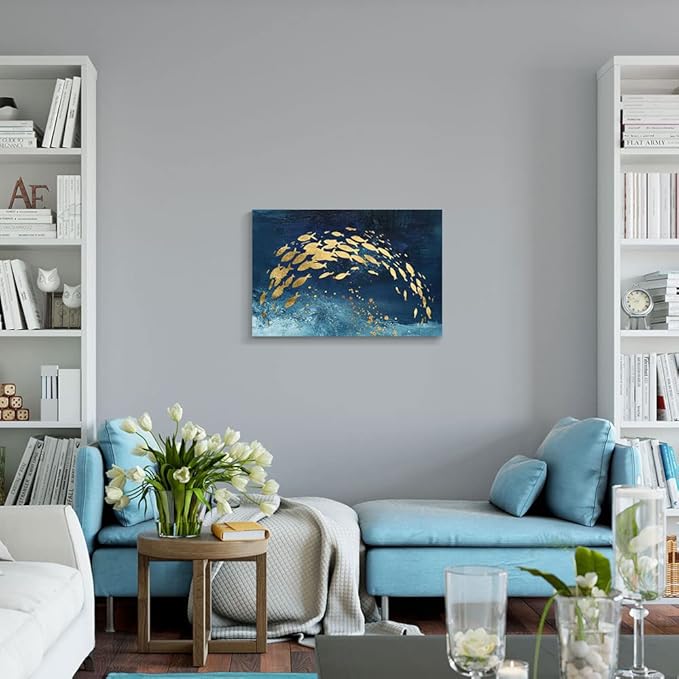 Wall Art Canvas Abstract Ocean Art Paintings Golden Fish Dancing in Blue Sea Modern Artwork Decor for Living Room Bedroom Kitchen 30x20in