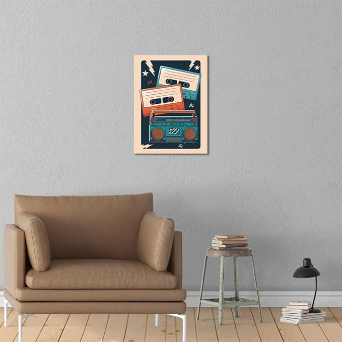 Vintage Cassette Canvas Wall Art - Retro Music Wall Decor Mid Century Modern Print Musical Cassette Picture Artwork Aesthetics Room Decoration Framed Poster for Teens Bedroom Living Room, 18" x 24"