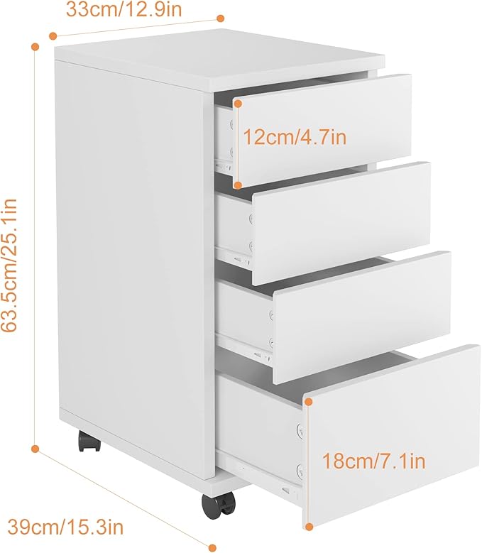 TTVIEW 4-Drawer Chest, Mobile Wood Storage File Cabinet, Filing Cabinet with Wheels, Rolling Pedestal Under Desk White 12.9x15.3X 25 in