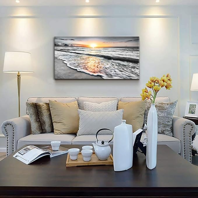 Bamdeya Large Size Wall Art Bedroom Black white Beach Wall Art Sunset Ocean Picture Painting Sea Decor Poster Office Artwork Living Room Decor Kitchen Prints Art Framed Canvas Decorations 24x48