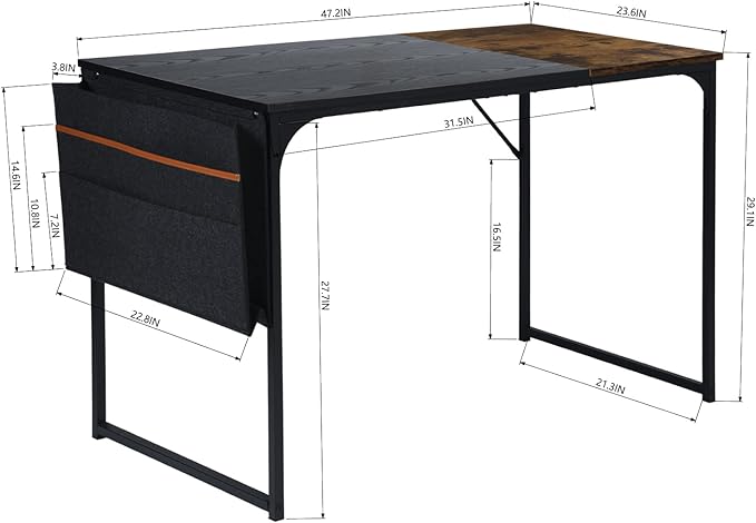 Homy Casa Inc Computer Desk 47 inch Study Writing Table with A Storage Bag Space Saving for Home Office, Modern Simple Style PC Desk, Black Metal Frame, Black & Brown Table Top