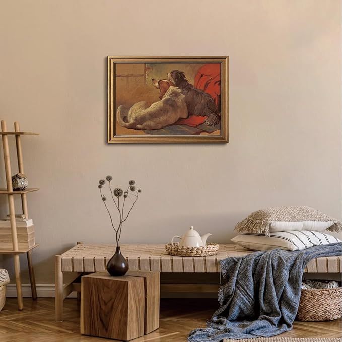 Gold Framed Wall Art Vintage Canvas Wall Art Hound and Bearded Collie Seated on a Hunting Coat Artwork Prints Picture for Living Room Bedroom Farmhouse Bathroom Office Decor, 16x24