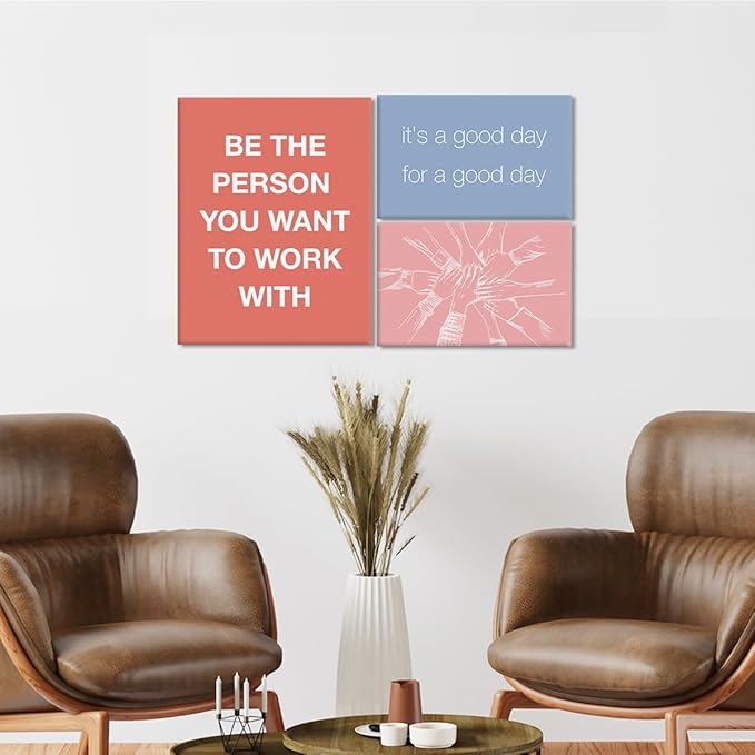 YEOION Inspirational Office Wall Art for Women,Motivational Teamwork Wall Decor for Office,Orange and Green Postive Quote Workplace Canvas Wall Art for Set of 6