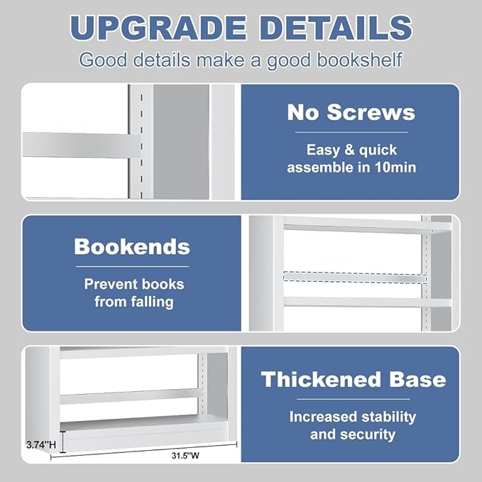 White Bookshelf，6-Tier Bookcase with Adjustable Storage Shelves，Metal Bookshelf with Book Stopper for Living Room, Home Office, Library