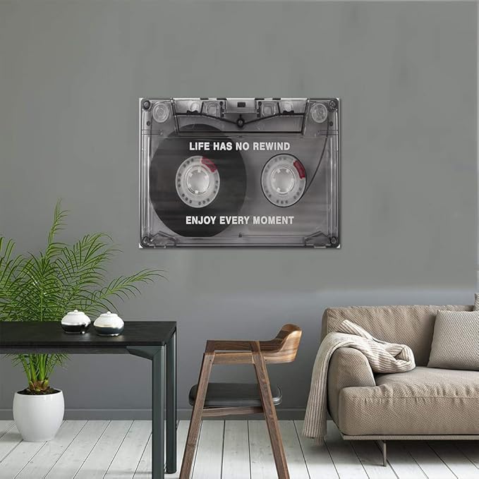 Life Has No Rewind Enjoy Every Moment-Inspirational Office Wall Decor Canvas Art Audio Cassette Framed Art Vintage Cassette Canvas Wall Art Motivational Gift Wooden Framed Ready to Hang-24x18 inches
