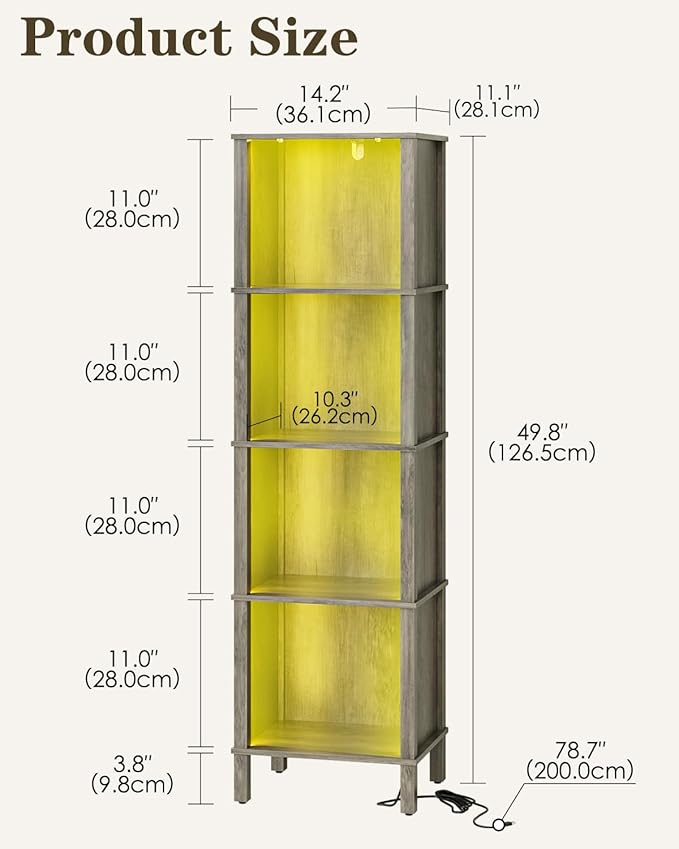 Book Shelf with LED Lights, Modern 4-Tier Bookcase, Open Storage Bookshelf, 11 × 14.2 × 50.4 Inches, Small Narrow Bookshelves for Living Room, Home Office, Bedroom, Gray