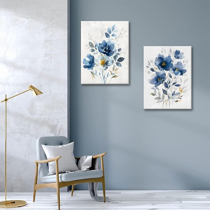 KISSFOX Framed Colorful Wildflower Blue Canvas Wall Art Set Of 3 Flowers Pictures Prints Flowers Printing Floral Watercolors Flower wall Decor Living Room Girls Bedroom Bathroom