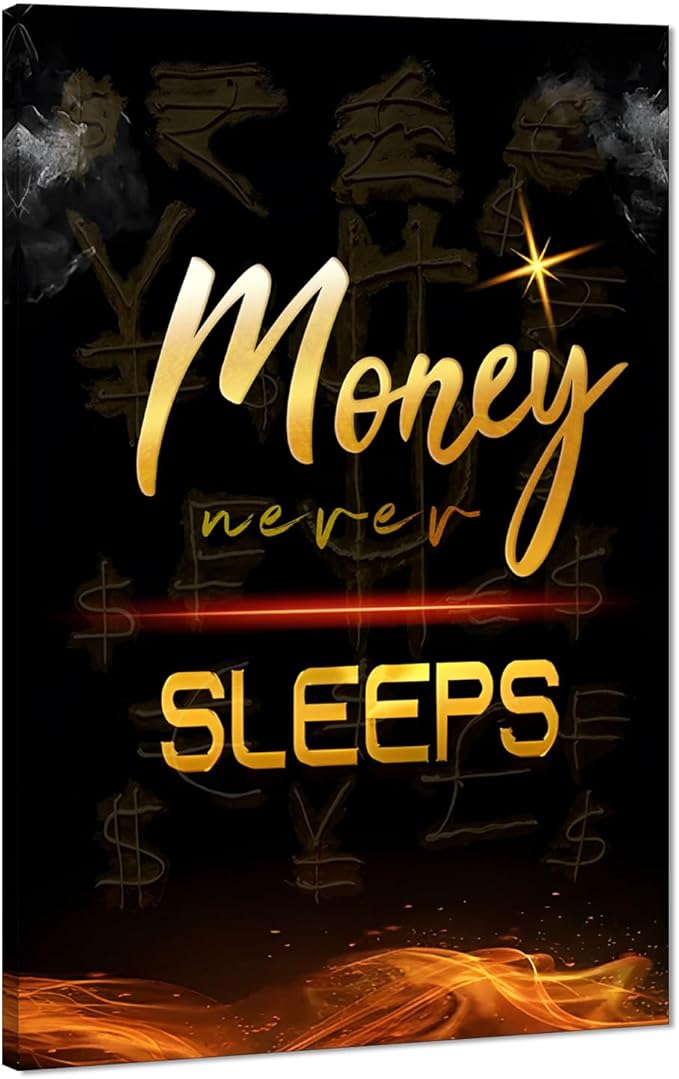 Large Size Money Never Sleeps Motivational Framed Wall Art Canvas Paintings Black and White Golden Artwork Stretched and Framed Easy to Hang-28x44 inch