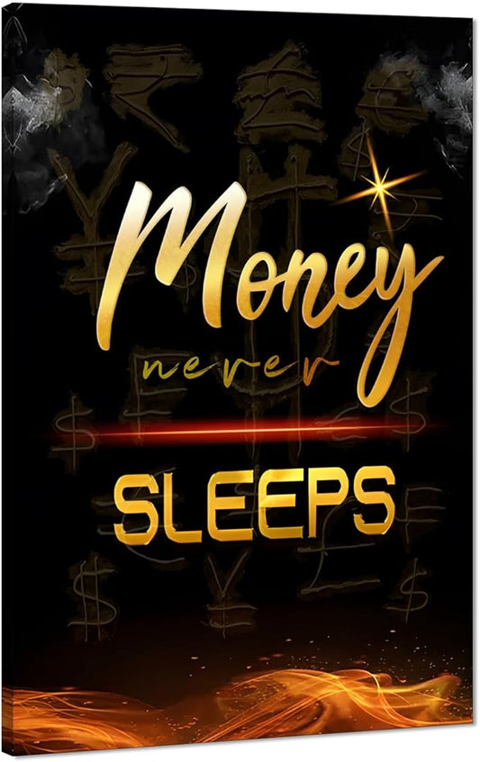 Large Size Money Never Sleeps Motivational Framed Wall Art Canvas Paintings Black and White Golden Artwork Stretched and Framed Easy to Hang-28x44 inch
