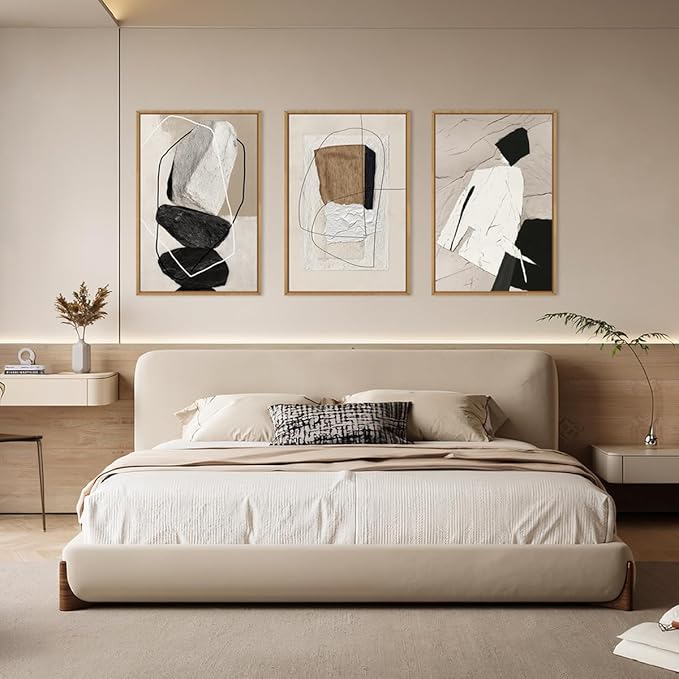 ANHUIB Large Abstract Wall Art Canvas,Black Beige Artwork,NeutralModern Framed Wall Art, Minimalist Geometric Painting,24x36 Inches Set of 3 for Living Room Bedroom
