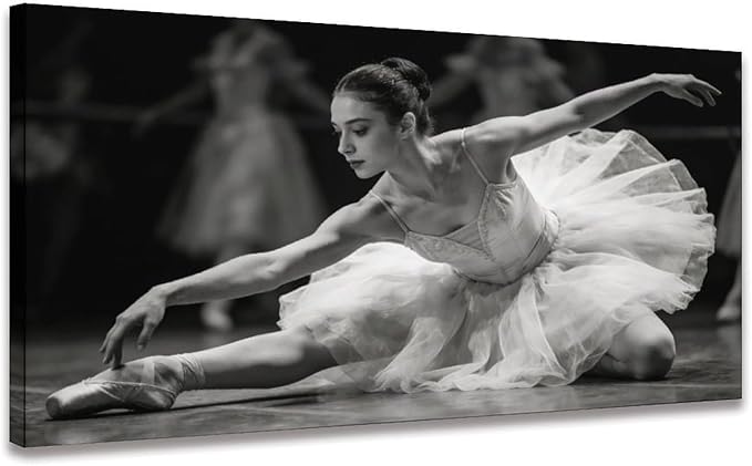 Black White Ballet Dancer Framed Canvas Wall Art for Bedroom, Elegant Figure Decor 48" L x 24" W