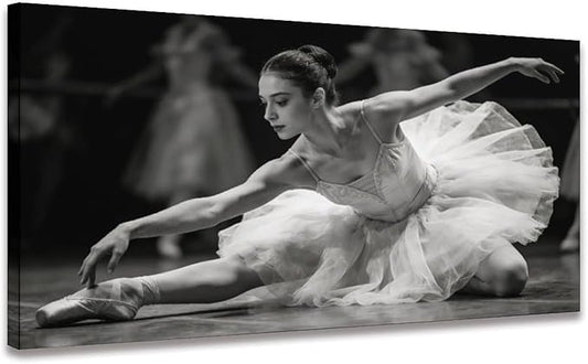 Black White Ballet Dancer Framed Canvas Wall Art for Bedroom, Elegant Figure Decor 24" L x 12" W