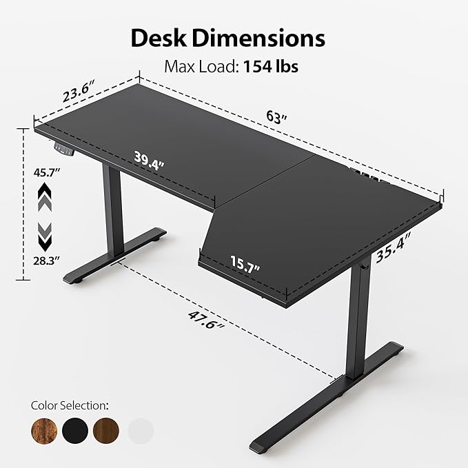 Agilestic Electric Standing Desk, Height Adjustable Desk, 63 x 35 Inch Sit Stand up for Work Office Home, L Shaped Ergonomic Rising Computer Table with Memory Preset, Black