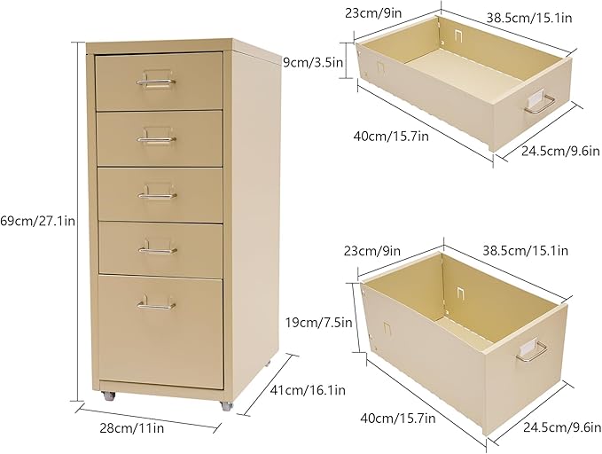 Metal File Storage Cabinet, 5 Drawer Vertical Filing Cabinets with Wheels Under Desk Storage Drawers, 11 * 16.1 * 27.1in Mobile File Cabinets Under Desk Cabinet for Bedroom, Office (Beige)