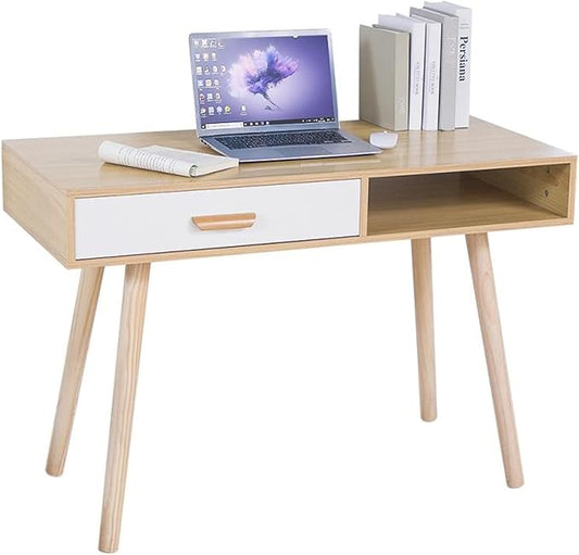 GLigeT Office Desk Writing Desk with Drawer White Modern Style Desk Small Wood Home Office Desk Simple PC Laptop Desk for Small Space, Easy to Install Study Writing PC Desk