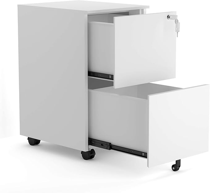 2 Drawer Locking File Cabinet with Wheels, Mobile Metal Filing Cabinet for Home and Office, Steel, White