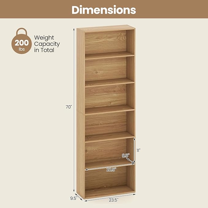Giantex 6-Tier Bookcase Set of 2, 70" Tall Wooden Bookshelf, Freestanding Storage Organizer w/Open Shelves, Anti-Tipping Kits, Modern Floor Standing Display Shelves for Living Room,Natural