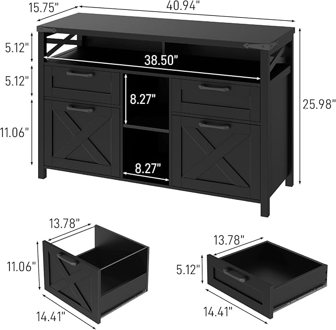 Farmhouse Filing Cabinet with Adjustable Shelf for Home Office, Lateral File Cabinets 4 Drawers with Open Storage Shelf, Filing Organization Storage Cabinets for Hanging Files Letter/A4.Pure Black