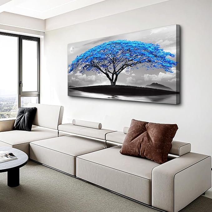 Wapluam Large Canvas Prints Wall Art For Living Room Bedroom Wall Decor Black And White Pictures Blue Tree Landscape Painting To Hang Modern Home Decorations For Office Stretched And Framed Works