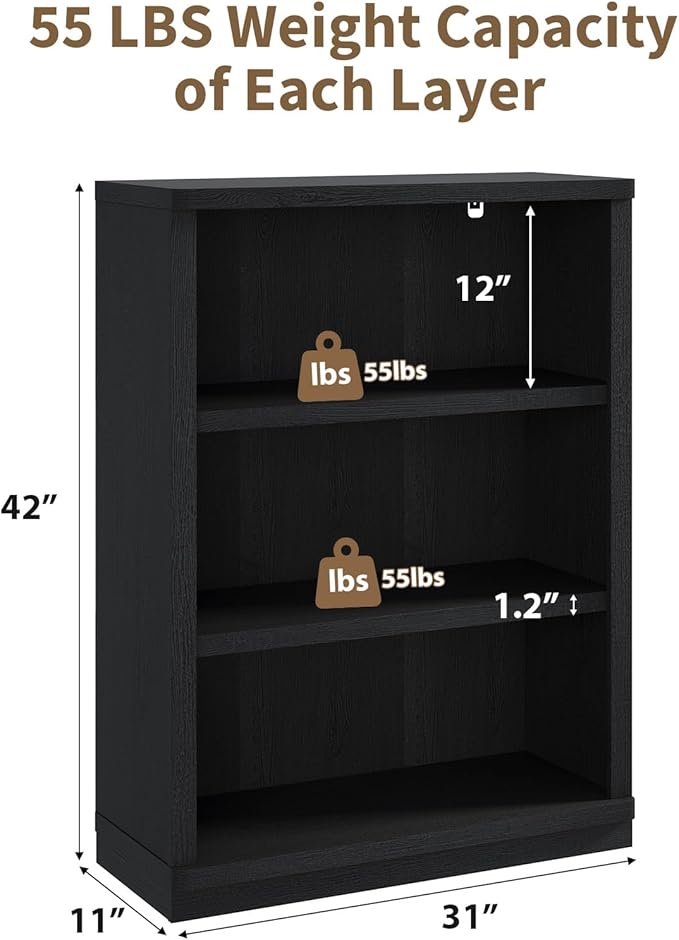 Rresyet 3 -Tier Bookcase, 42" Tall Book Shelf, 31” Wide Bookshelves, Wooden Bookcase Display Storage for Home Office, Living Room and Study Room (Black)