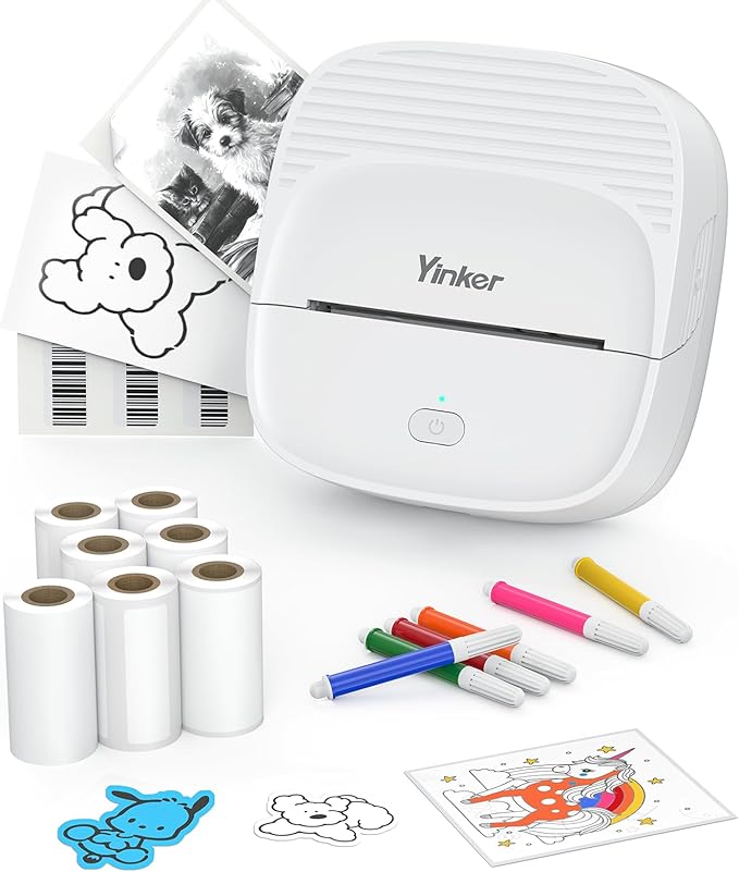 Mini Sticker Printer, Portable Bluetooth Thermal Printer with 7 Rolls Paper & 6 Colored Pencils, Inkless Label Maker for Home Office Study, USB-C Rechargeable, Ideal Gift for Teen Girls Boys
