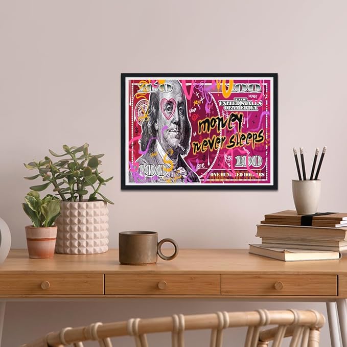 Money Wall Art Pink Dollar Money Never Sleeps Posters Inspirational Canvas Print Artwork Motivational Wall Decor Suitable for Office Living Room Decor Ready to Hang 12X16inch