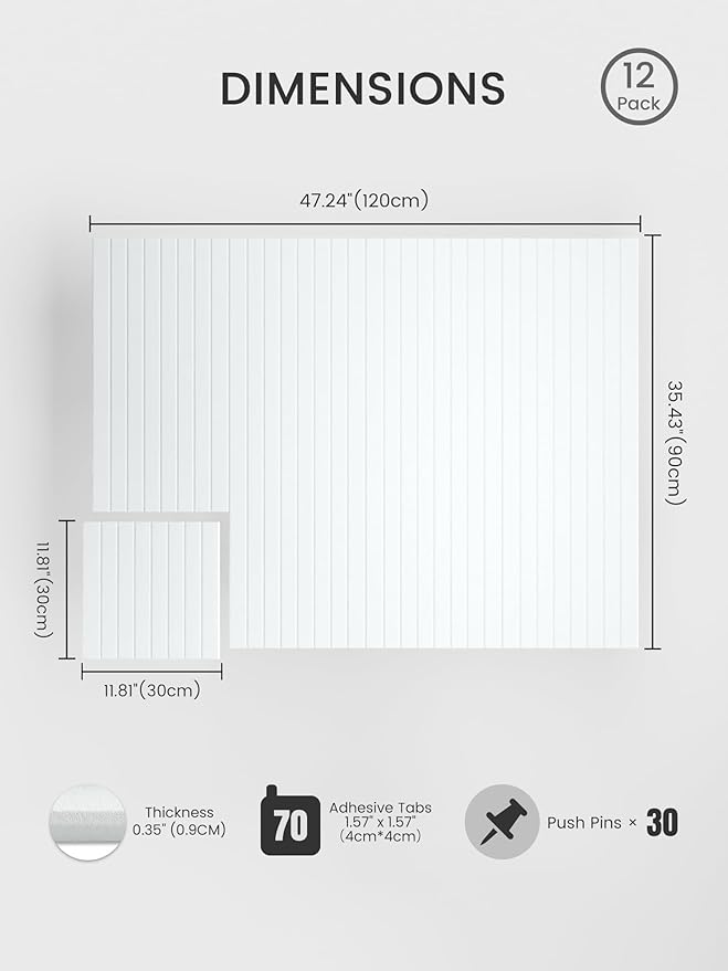 Bumusty Large Cork Board Alternative-48 x 36" Felt Bulletin Board Tiles, with 30 Pushpins, 70 Adhesive Tabs, 12-Pack Slat Wall Paneling, Cork Boards for Office Push Pin Board Felt Board-Cold White