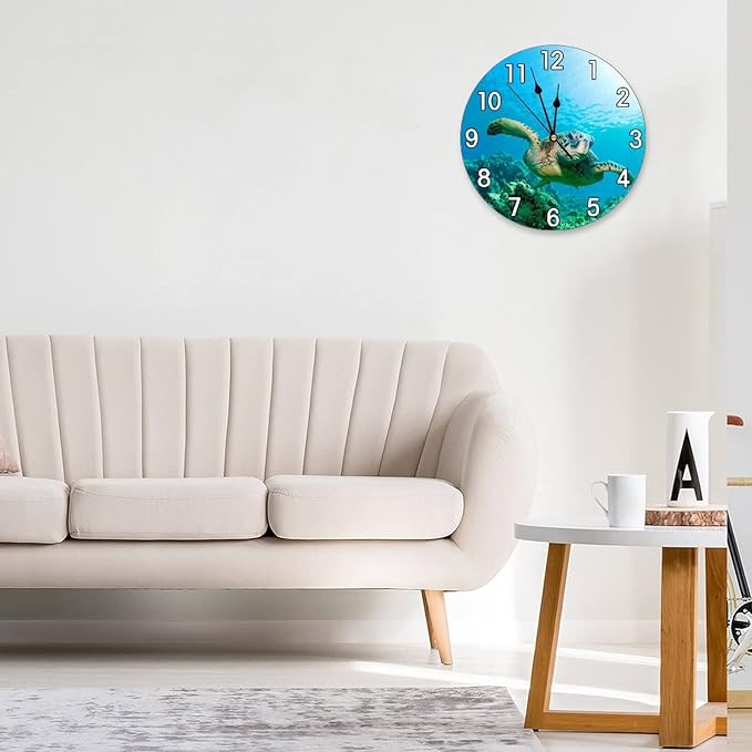 sea Turtle Wall Clock Battery Operated Silent Round Clock Wall Decor for Home Office School, 12 Inch