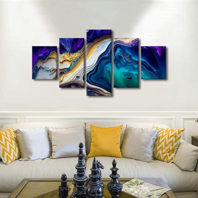 Abstract Art Canvas Wall Art Decor Modern Room Wall Art for Men Swirls of Multi Color Marble Picture Printing 5 Panel Poster for Cool Girl Cool Boy Bedroom Decor Stretched Ready to Hang 60x32 in