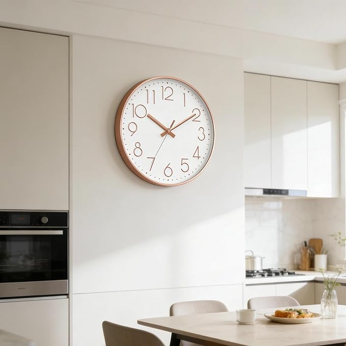 Wall Clock - 14 Inch Silent Non-Ticking Modern 3D Wall Clocks Battery Operated - Decorative Clock for Kitchen, Home Office, Bathroom, Bedroom, Living Room(Rose Gold)