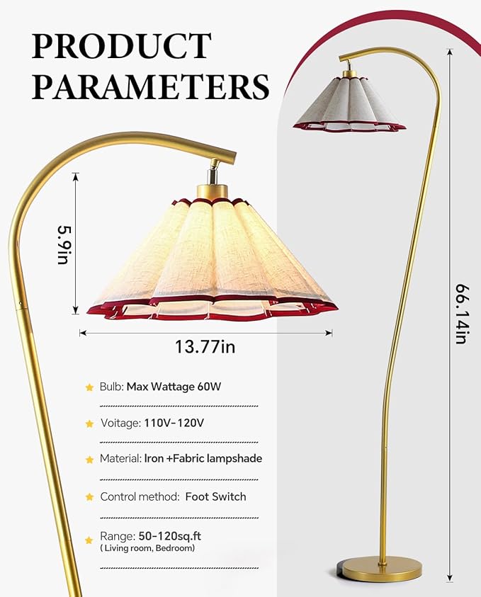 Floor Lamp with Pleated Linen Lampshade, Modern Flower Floor Lamp for Living Room Arc Standing Lamp, Gold Tall Lamp for Bedroom Office Dining Room, Bulb Included (Gold + Red, 65IN)