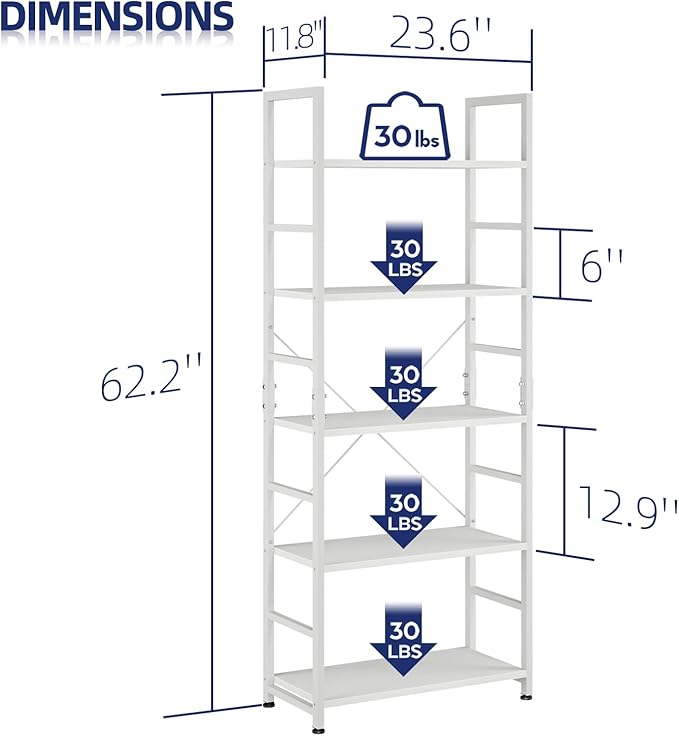 NUMENN 5 Tier Bookshelf, Tall Bookcase Shelf Storage Organizer, Modern Book Shelf for Bedroom, Living Room and Home Office, White