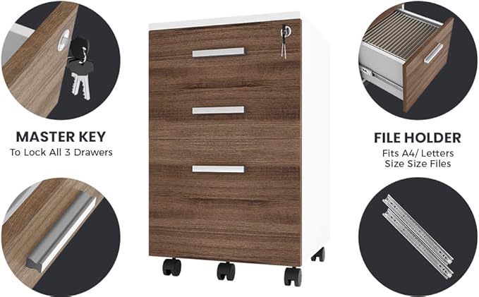 Modern Design Lazio File Cabinet, Filing Cabinets for Home Office, Drawers for Under Desk, Locking 3 Drawer Rolling Filing Cabinet with Lock, Walnut and White, by Crafts and Comfort