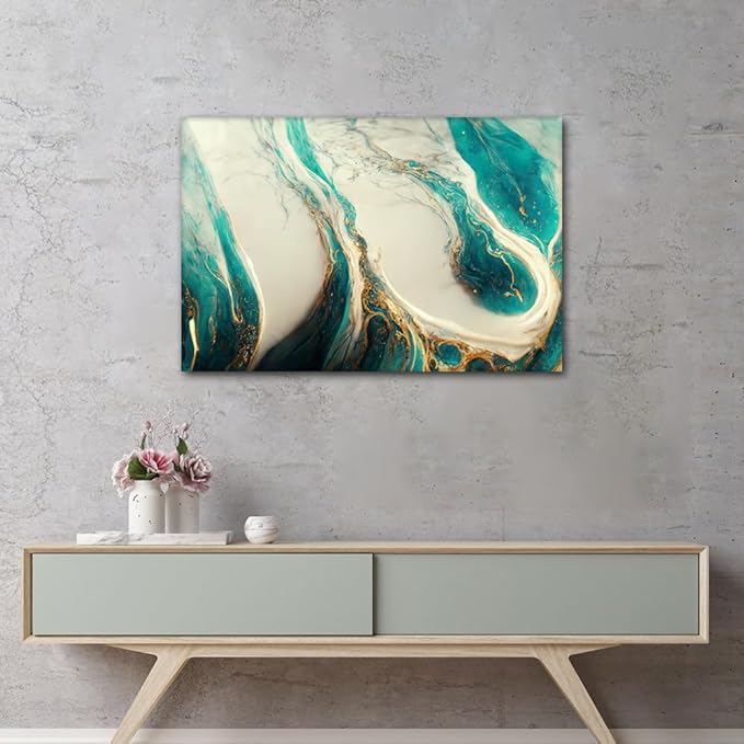 Canvas Wall Art for Living Room Modern 1 Panel Canvas Art Abstract Marble Texture Picture Printing Gold and Teal Poster Prints for Lady Bedroom Office Wall Decor Stretched Ready to Hang 36x24 in