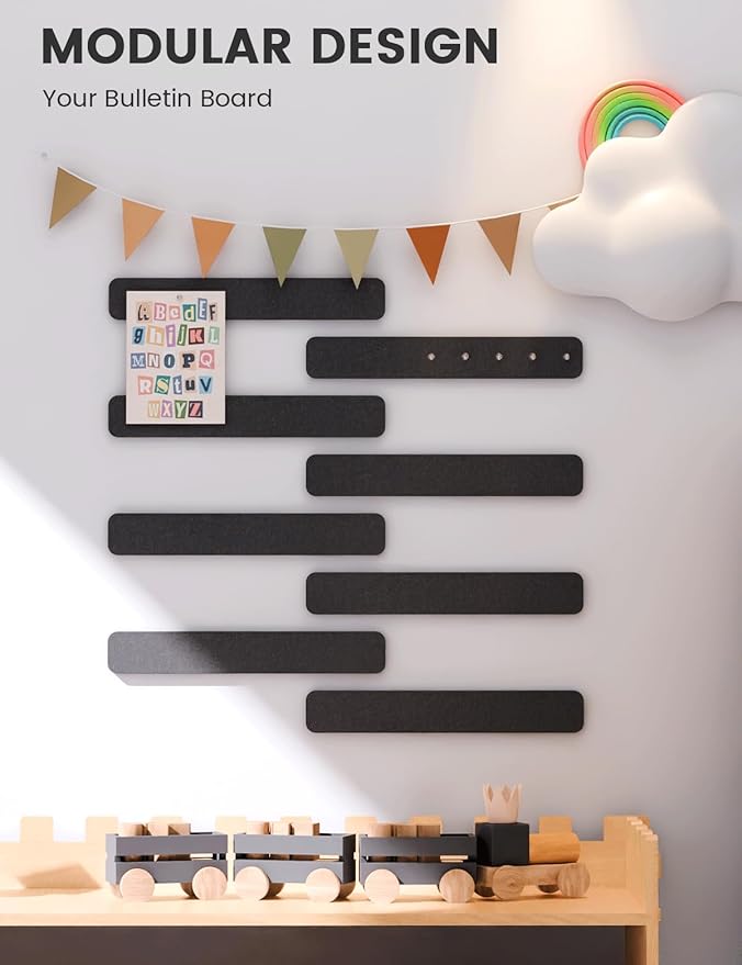 Fluxynara Cork Board Alternative Felt Strip Board 8-Pack 13"x2", Office Pin Board with 50 Push Pins, Adhesive Install for Bedroom Door & Home Office(Black)
