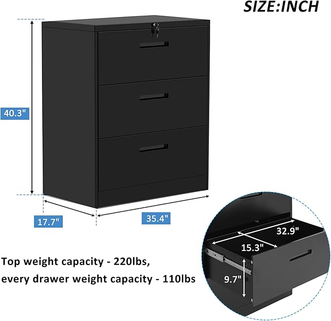 Lateral File Cabinet, 3 Drawers Metal Lockable Filing Cabinet for Commercial Grade Office Legal and Letter File (Black)