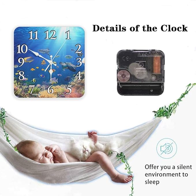 Britimes Wall Clock, Square Silent Non-Ticking Battery Operated Clock 12 Inch, Underwater Coral Reef Tropical Fish Home Decor for Living Room, Bathroom, Bedroom, Kitchen, Office and School