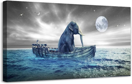 MHARTK66 Moon Beach Wall Art Prints- Modern Large Coastal Landscape Canvas Bedroom Blue Ocean Picture Relaxing Living Room Sea Scene Painting Elephant Boat Seascape Artwork Bathroom Office Home Decor