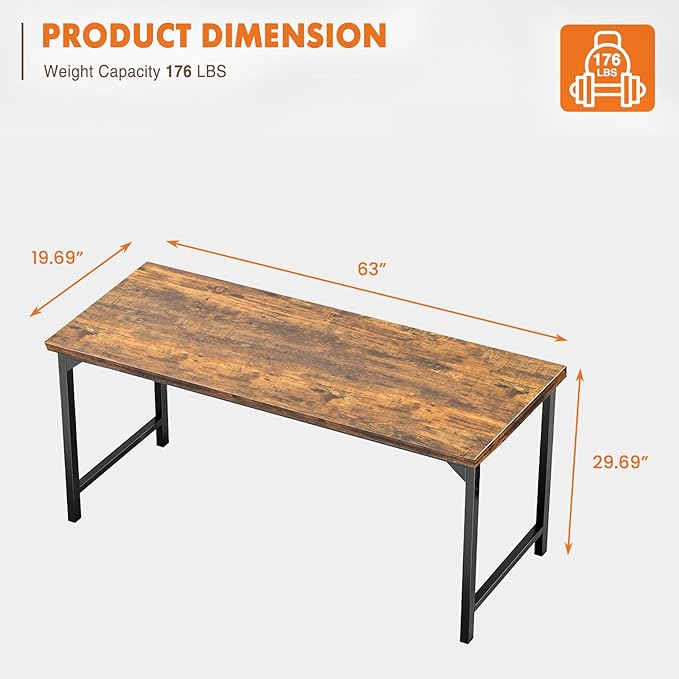 Sweetcrispy Small Computer Desk,63 Inch Office Writing Work Desk with Metal Frame Wooden Tabletop, Student Study Home Bedroom Table with X-Shaped Reinforcement, Brown