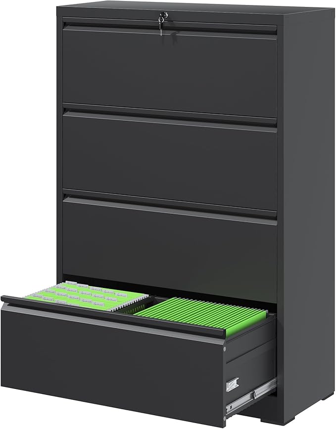 4 Drawer File Cabinets,Metal Office Storage Filing Cabinet with Lock,Black Lateral Filing Cabinet for Home Office,Horizontal Locking File Cabinet for Legal/Letter/A4,Assembly Require,Black