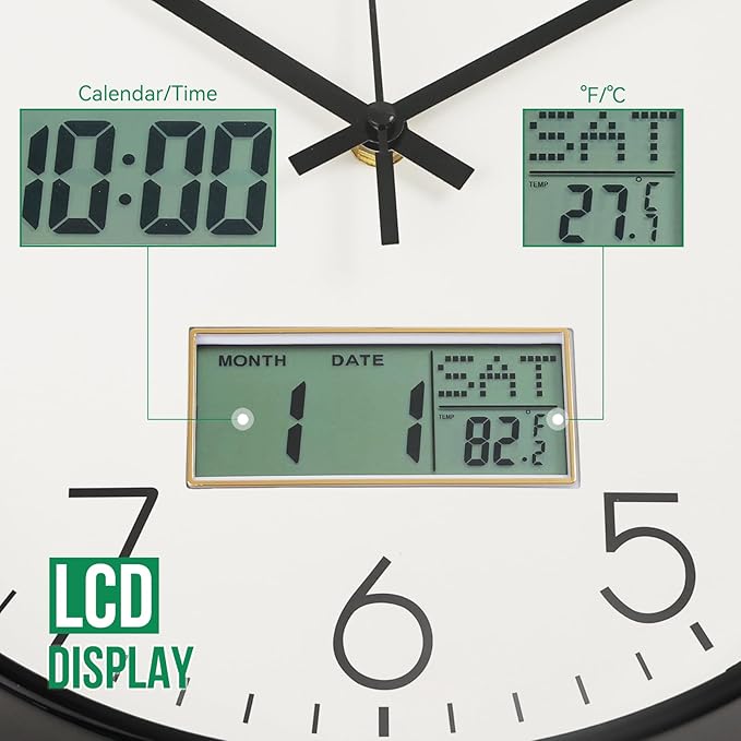 Wall Clock with LCD Display Non-Ticking Silent Quartz Movement Decor Clock with Perpetual Calendar and Temperature Modern Style Round Wall Clocks for Office/Living Room/Bedroom(White, 12inch)