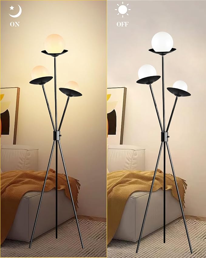 Lightdot Tripod Floor Lamp Dimmable Globe Floor Lamps with 3 LED Bulbs, 3000K Soft Warmwhite Mid Century Modern Standing Lamps Black Tall Lamp for Living Room/Bedroom/Sofa Beside/Corner Decor