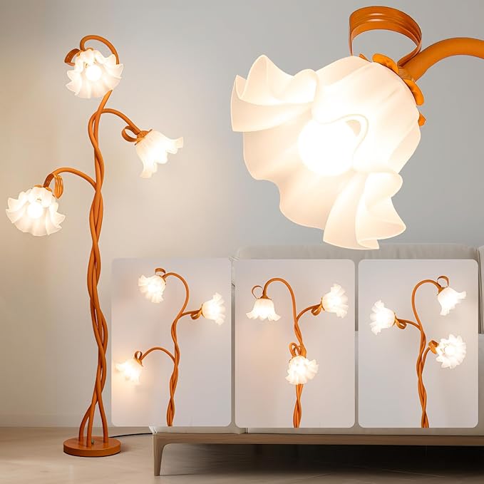 Flower Standing Lamp for Bedroom - 3 Color Temperatures Decorative Flower Tall Floor Reading Lamp with Flexible Neck for Bedroom Living Room Office Corner (Orange)