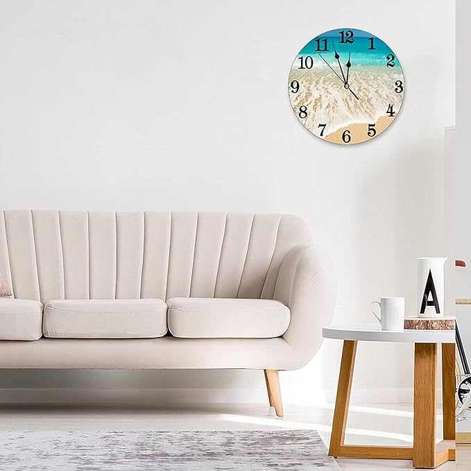 Ocean Beach Summer Theme Wall Clock Battery Operated Silent Round Clock Wall Decor for Home Office School, 12 Inch