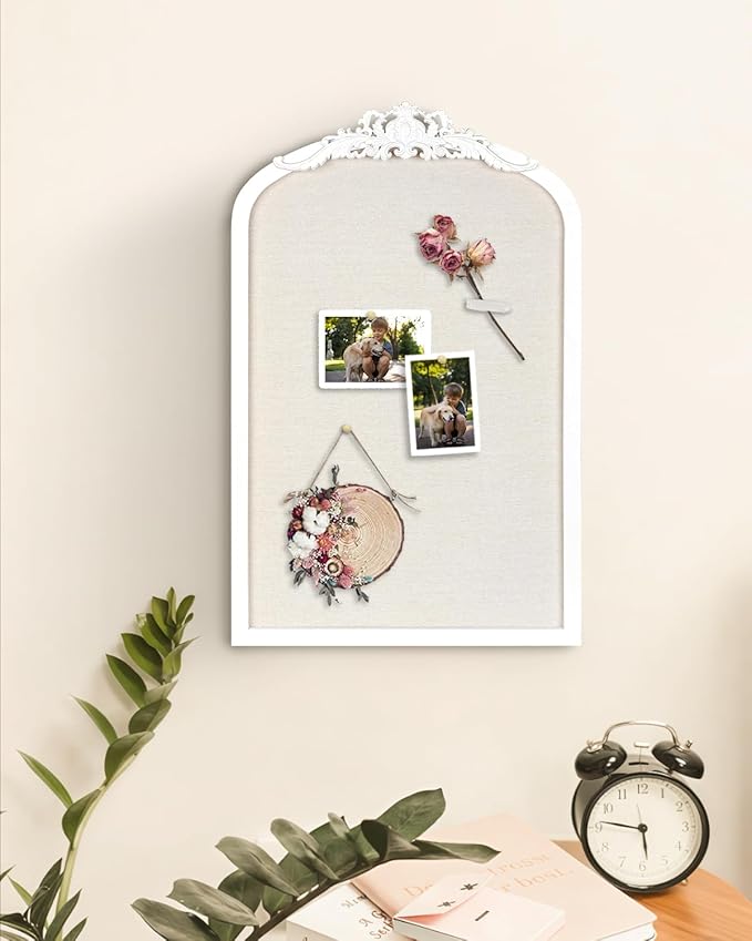 Bulletin Board with Linen, Vintage Arch Framed Pin Board – 15.7" x 24.8" White Cork Board for Walls, White Pine Wood Frame, Fabric Pinboard, Vision Board for School, Home & Office