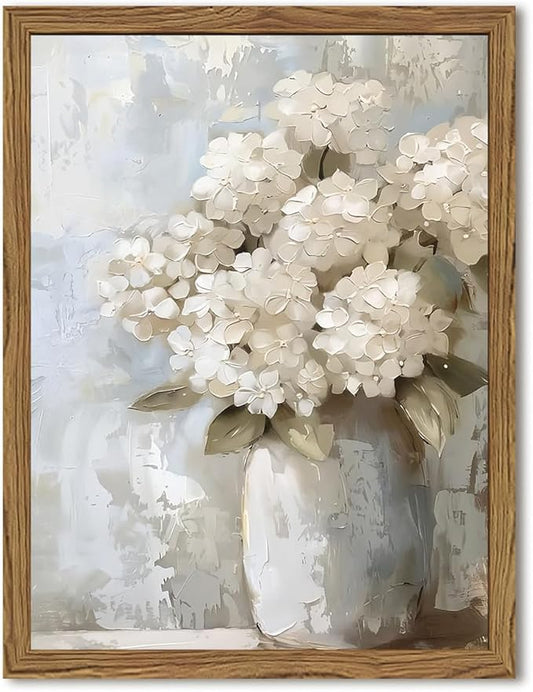 Framed Vintage Canvas Wall Art, White Hydrangea Floral Wall Decor Paintings, Flower Pictures Prints Aesthetic Home Decor for Living Room Bedroom Bathroom Office 12x16 inch