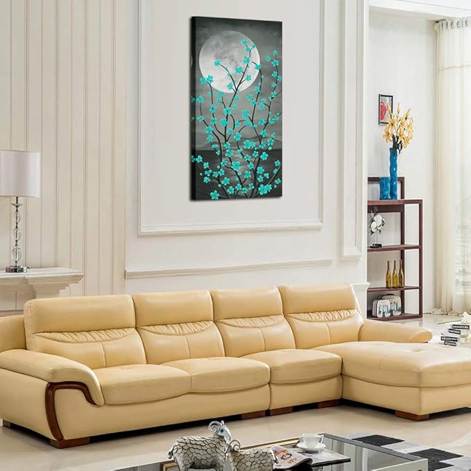 KREATIVE ARTS Large Canvas Prints Wall Art Grey and Teal Plum Blossom Tree and Full Moon Vertical Contemporary Painting for Living Room Decorations 20x40inch