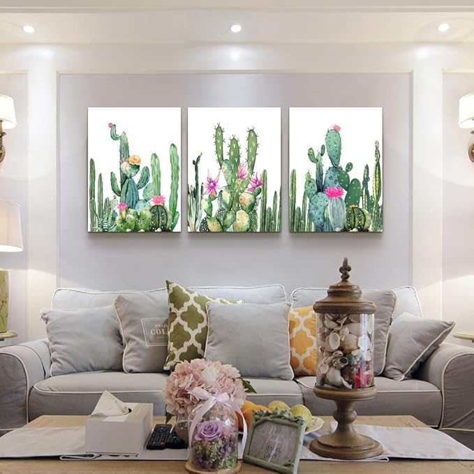 Canvas Wall Art for living room bathroom Wall Decor for bedroom kitchen artwork Canvas Prints green watercolor cactus painting 3Pieces abstract Modern framed office Home decorations family picture